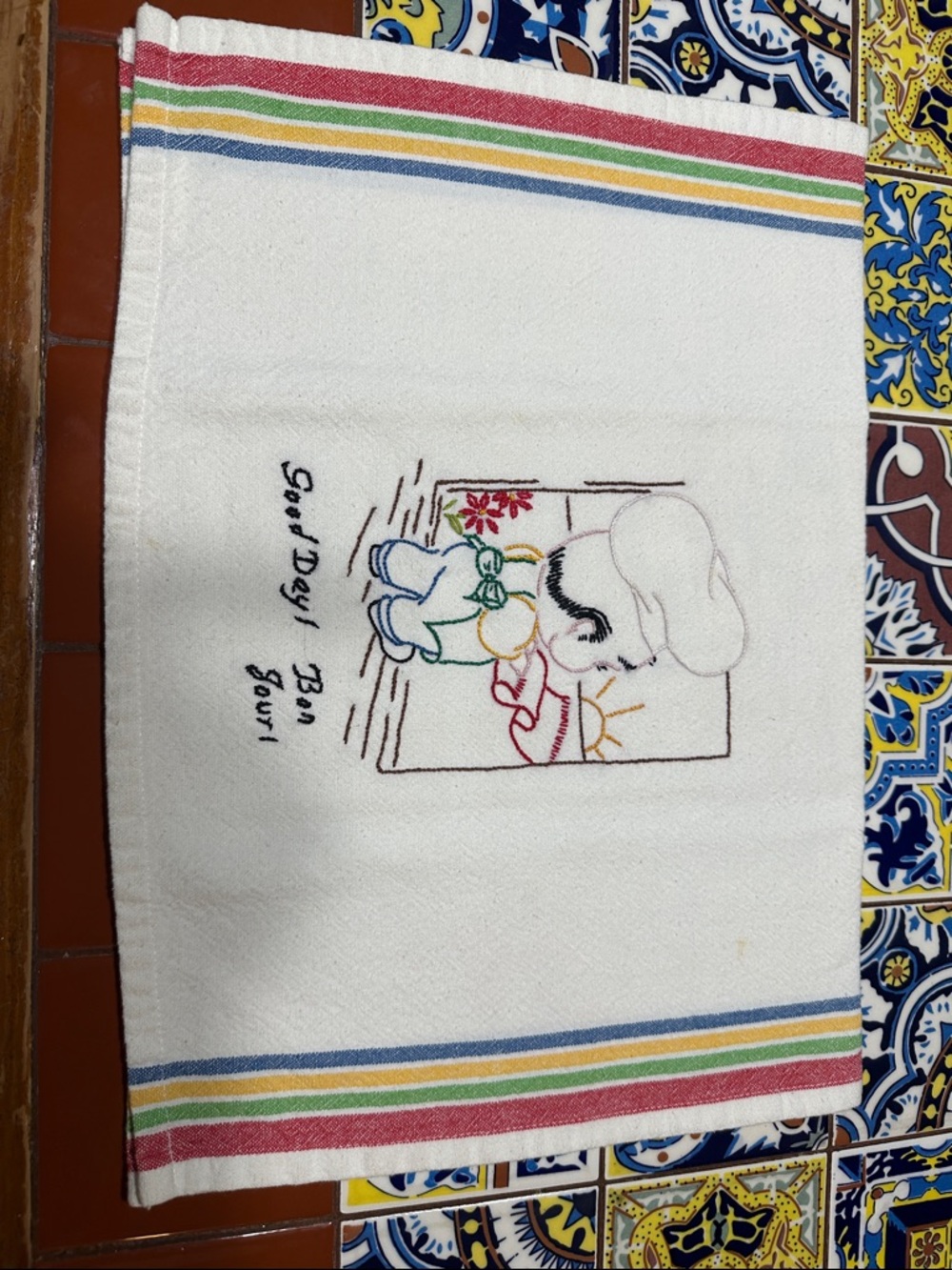 Vintage Embroidered Chef Kitchen Tea Towel - White with Multicolor Stitching - Picture 2 of 6